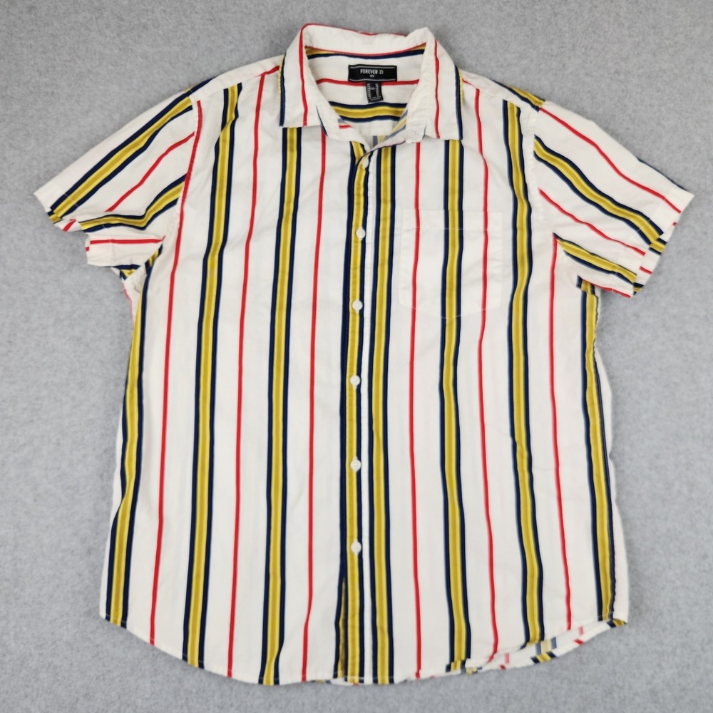 Forever 21 Men Short Sleeve Striped Button Down Shirt XL White Red Yellow Navy
